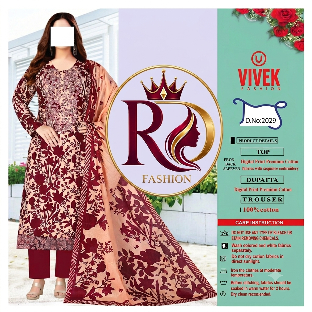 RD Fashion Premium Digital Print Cotton 3 Piece – Maroon & Peach