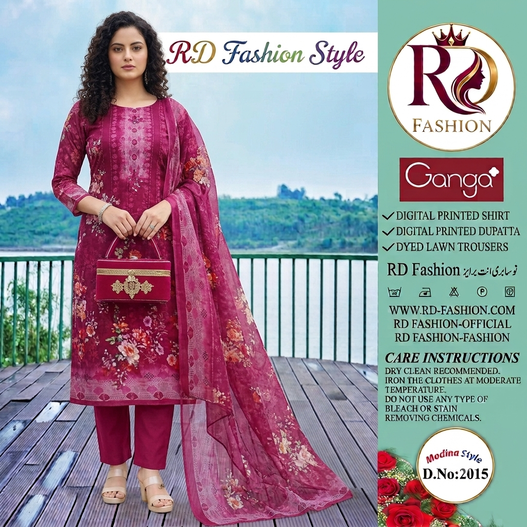 RD Fashion  Premium Digital Printed Lawn 3 Piece – Maroon