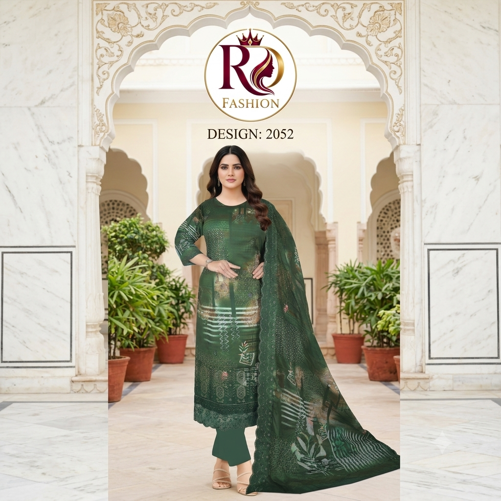 RD Fashion Premium Printed Lawn 3 Piece – Bottle Green