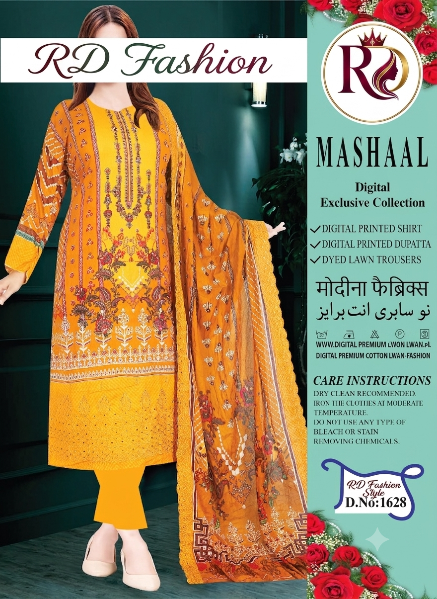 Premium Pure Cotton Full Body Hand Work 3 Piece – Mustard Orange