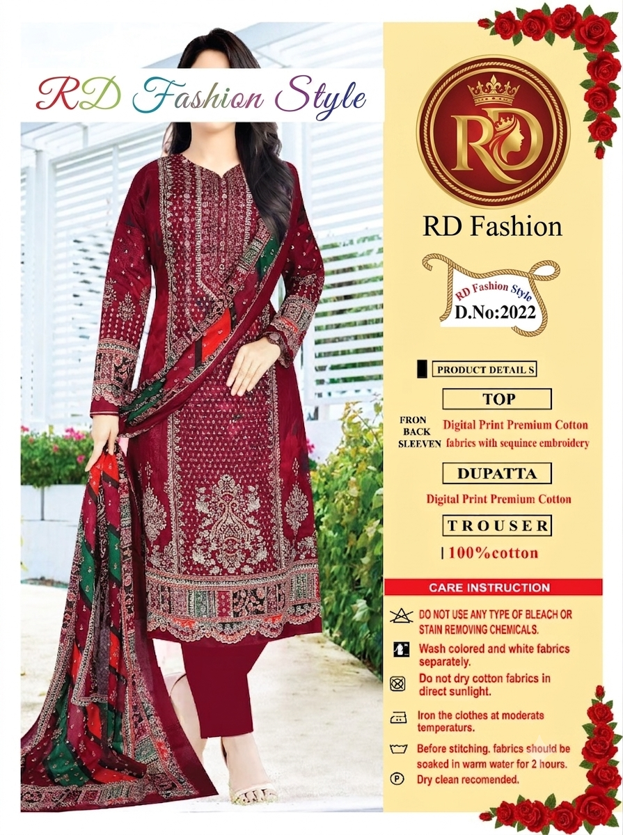 Premium Digital Print Pure Cotton 3 Piece with Sequin Embroidery – Maroon