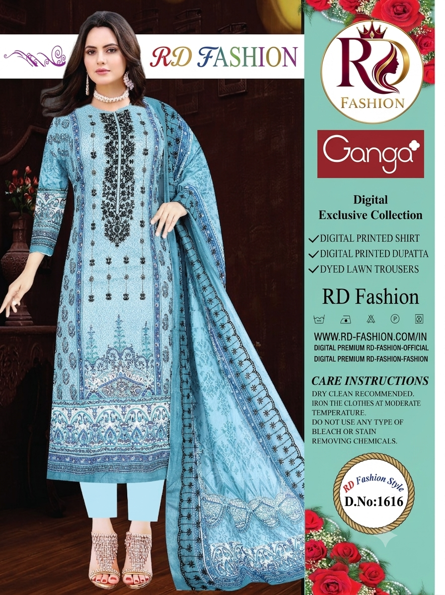 Premium Digital Print Pure Cotton 3 Piece – Sky Blue