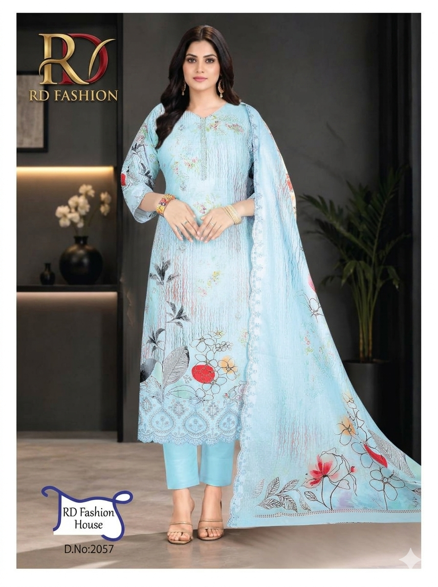 Premium Digital Print Mixed Georgette & Cotton 3 Piece Salwar Kameez Set – Sky Blue & Purple | Design No. 2057
