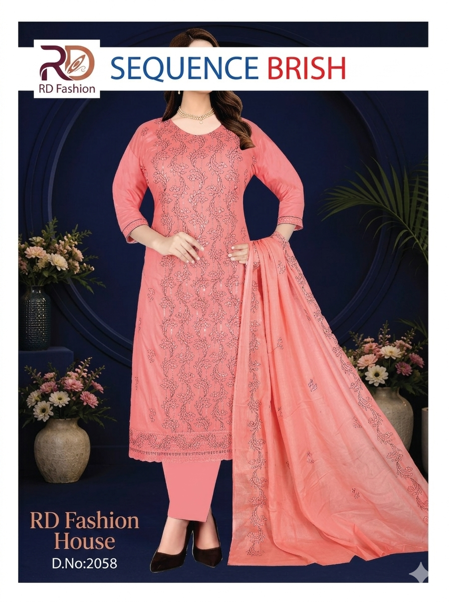 Premium Sequence Brish Embroidered 3 Piece Salwar Kameez Set – Peach Pink | Design No. 2058