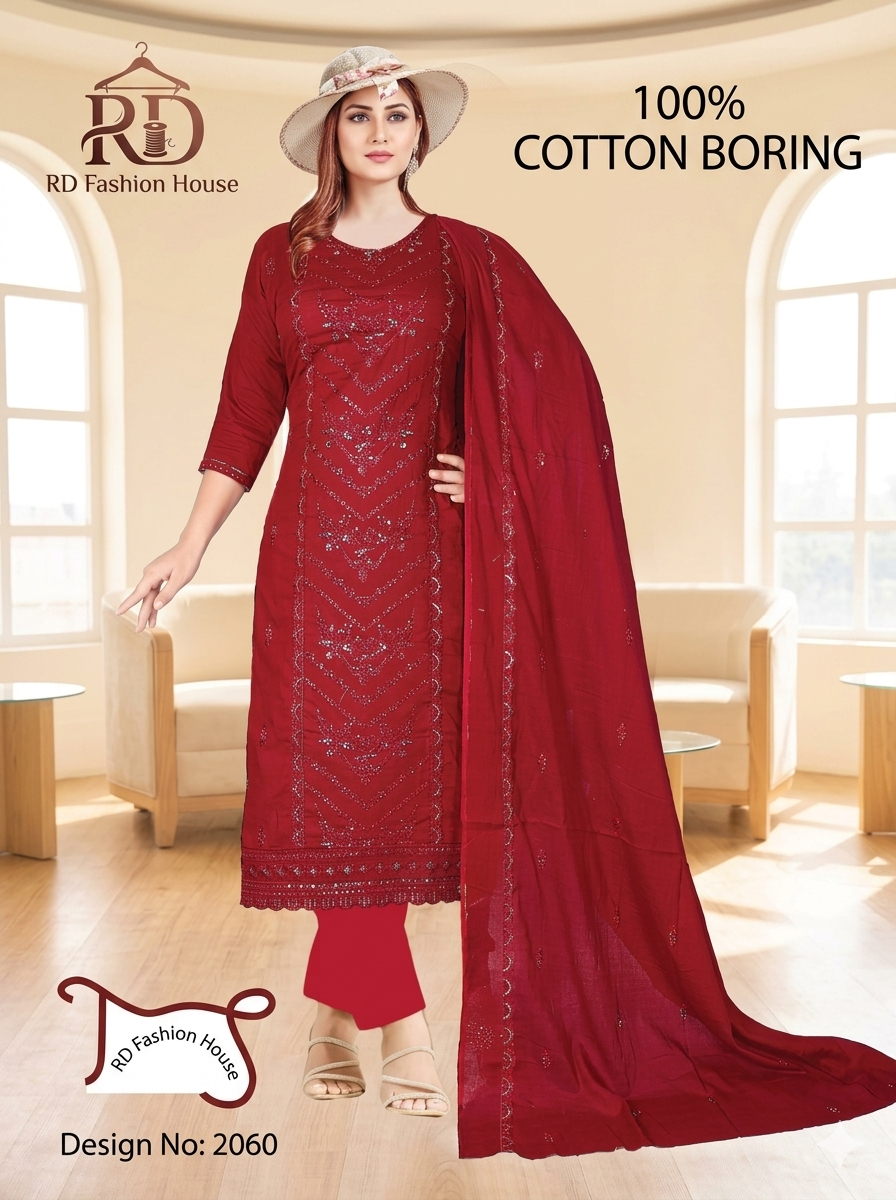 Premium 100% Cotton Boring Embroidered 3 Piece Salwar Kameez Set – Maroon | Design No. 2060