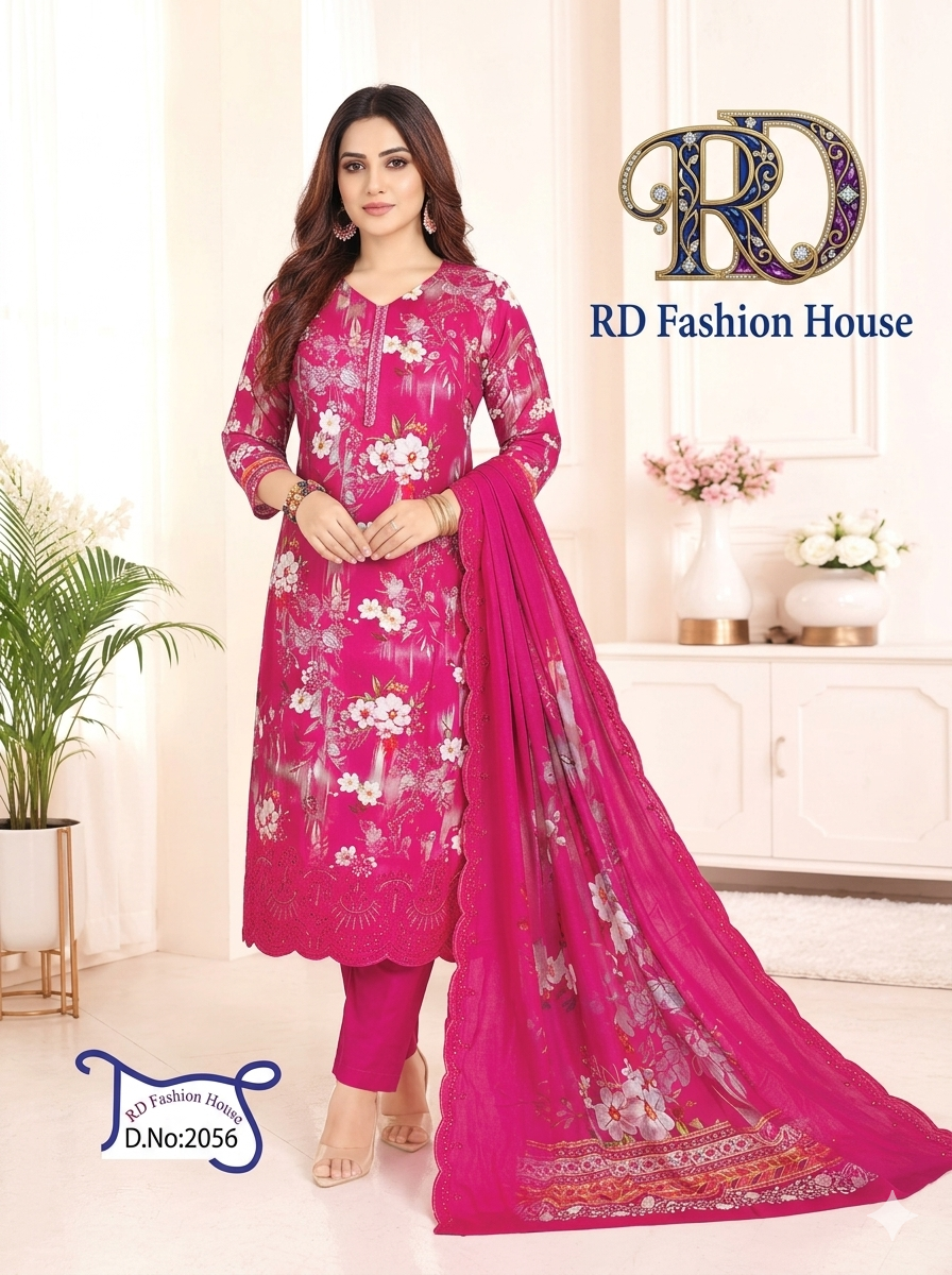Premium Digital Print Pure Silk 3 Piece Salwar Kameez Set – Fuchsia Pink | Design No. 2056
